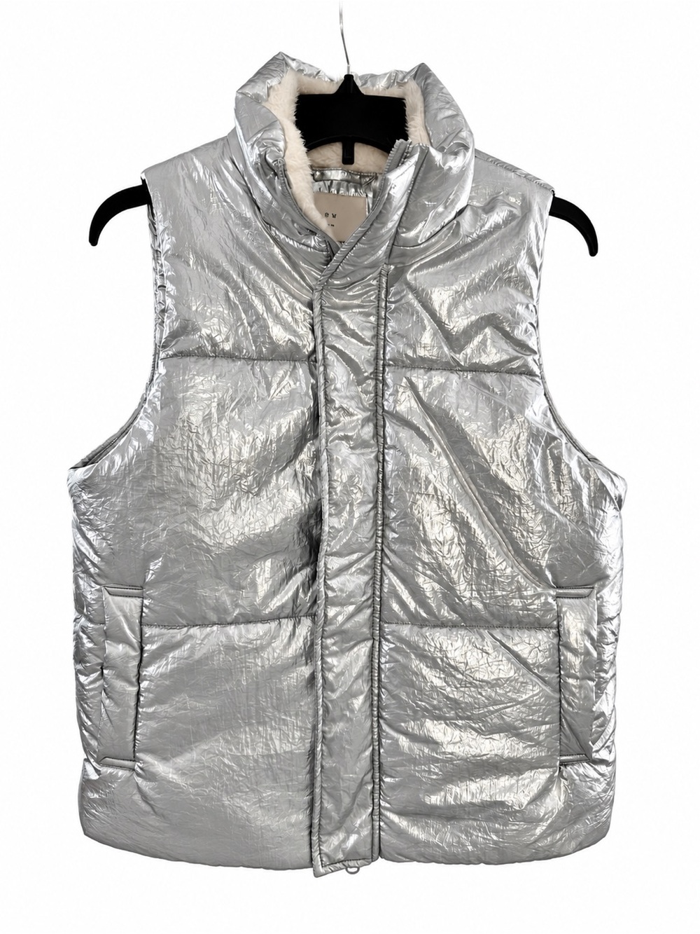 a new day Silver Metallic Fur Lined Zipper Puffer Vest